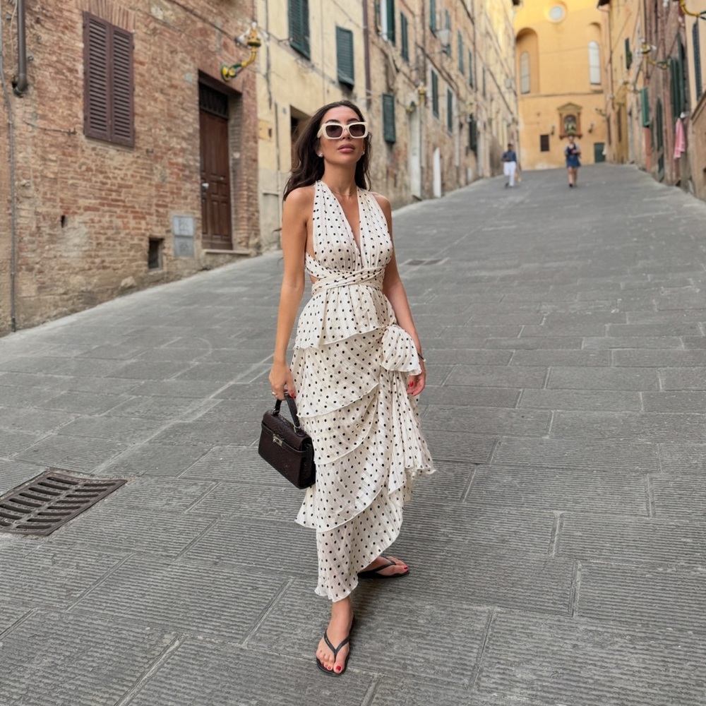 Stunning polka dot gown , tiered maxi dress ruffles SMALL , open back